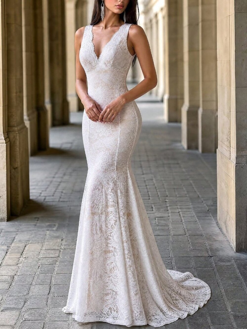 Elegant Women's V-Neck Backless Mermaid Tail Wedding Dress - Picture 5 of 7